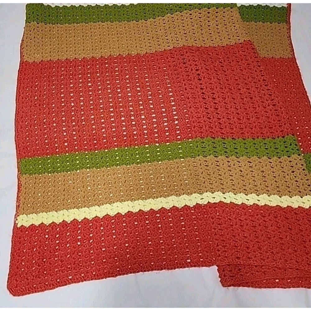 Large Handmade Crocheted Afghan, Orange Yellow Brown Green Stripes, 56‎ X 72
